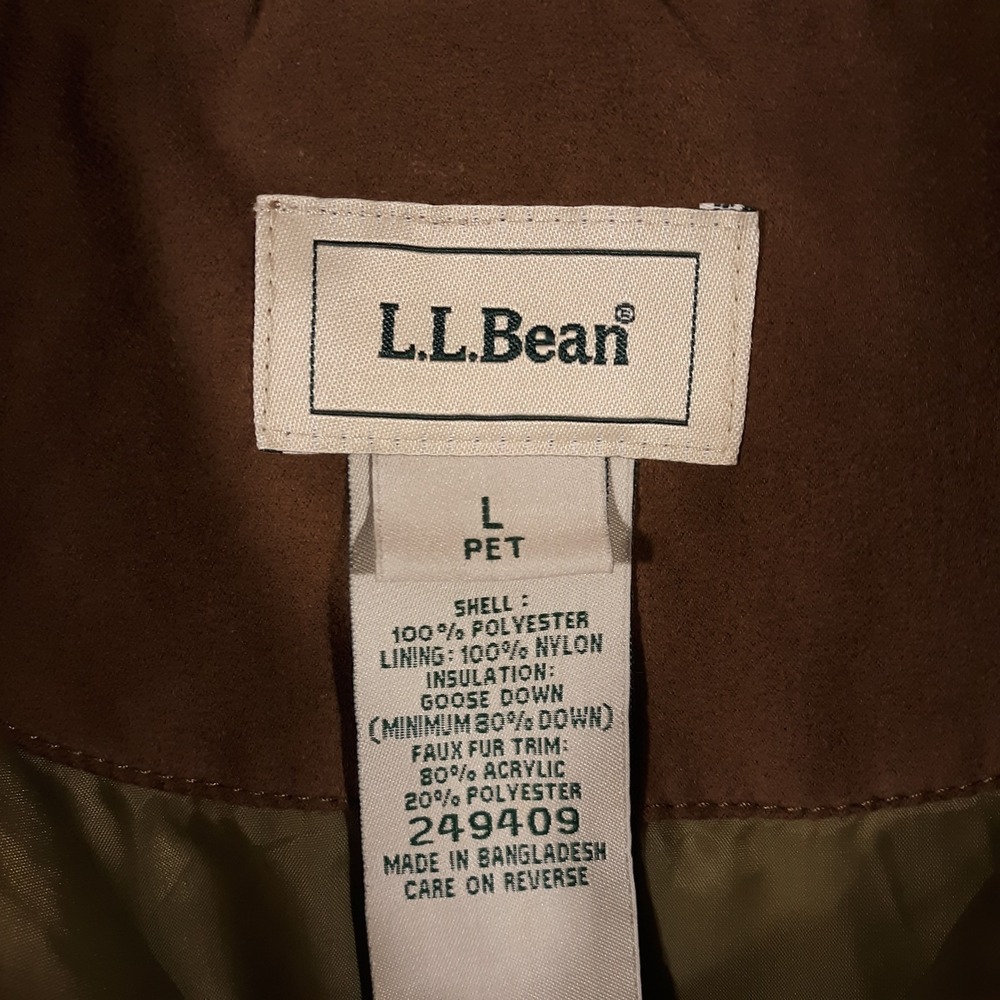 L.L. Bean Puffer Coat Jacket Womens Large Petite Goose Down Faux Fur Trim Brown - Picture 5 of 13
